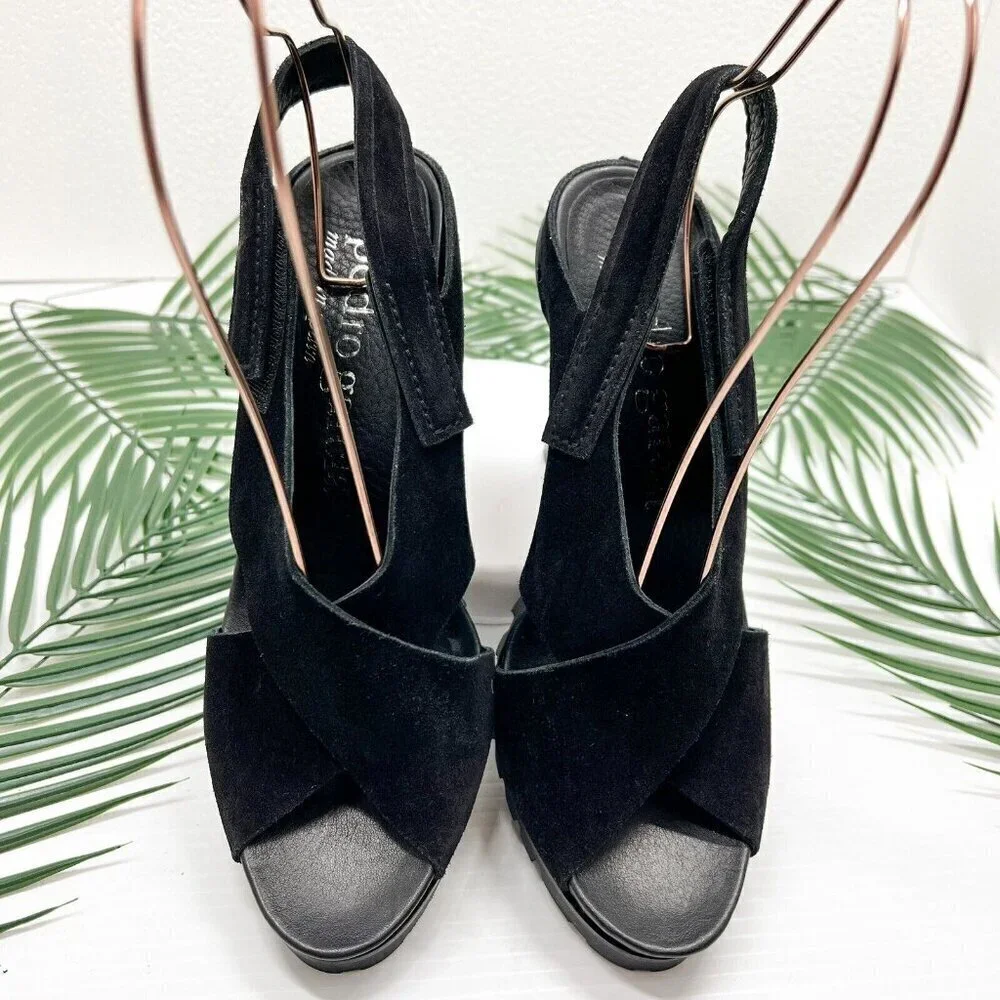 Pedro Garcia Yuval Black Leather Open Toe Slingback High Heel Sandals Size 39.5